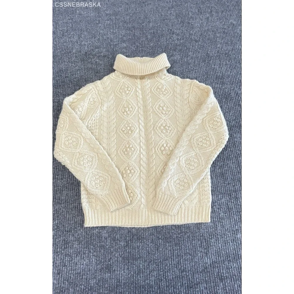 Vintage 80s Hand Loomed Women's Cream 100% Virgin Wool Zip Turtleneck Sweater L